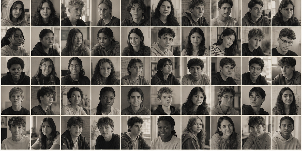 A diverse group of students, shown in a documentary-style monochrome collage