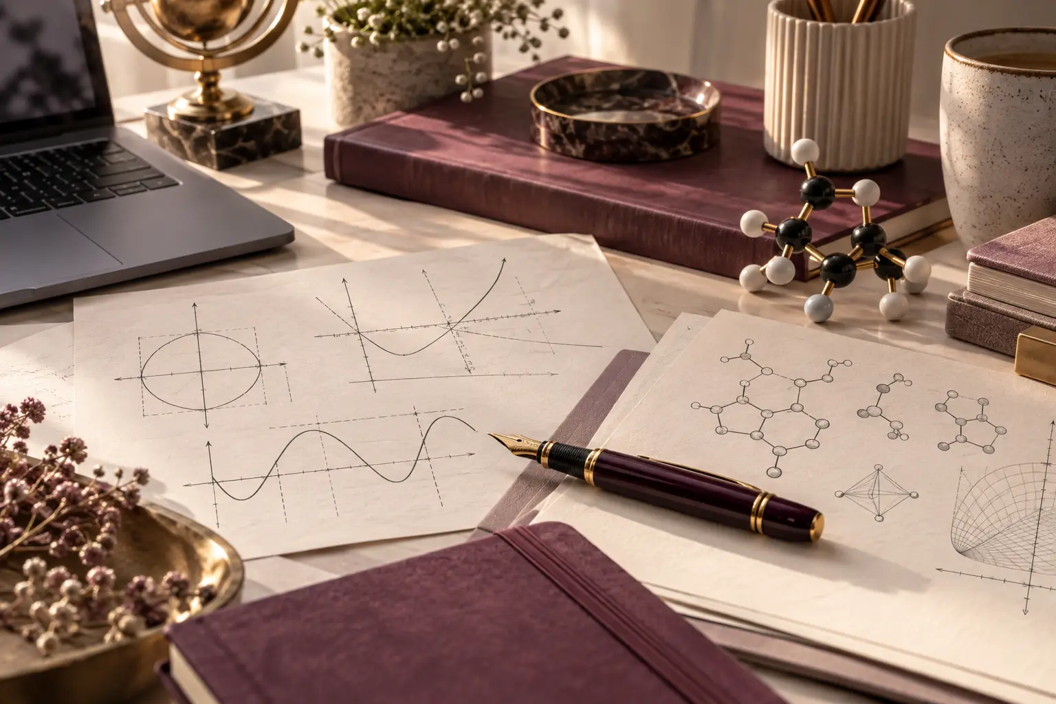 An advanced A-Level study desk with analytical Maths and Science materials