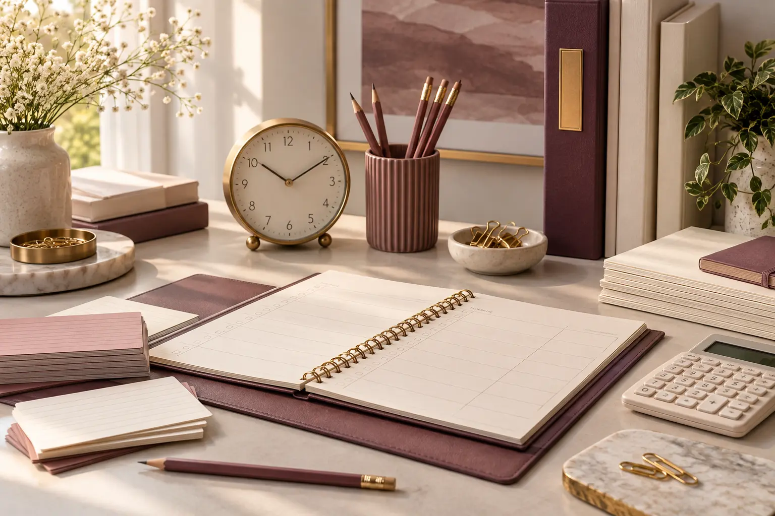 A structured exam preparation desk with a planner, clock and revision materials