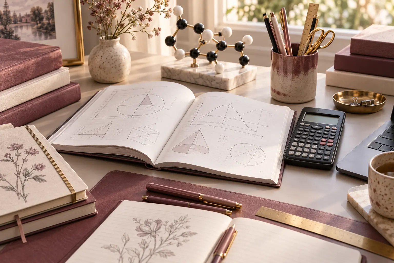 An elegant GCSE study desk with Maths, Science and English learning materials