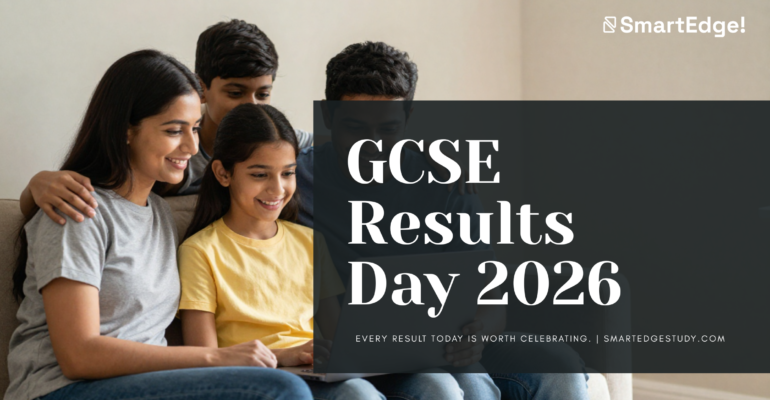 Mother and three children celebrating GCSE results day together at home, looking at results on a laptop