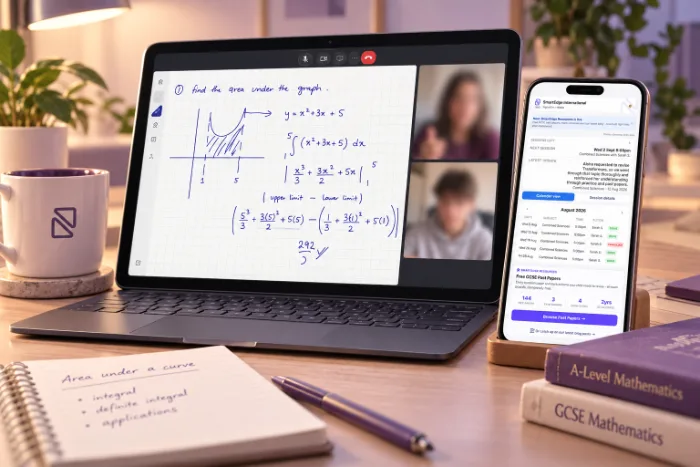 An advanced A-Level study desk with analytical Maths and Science materials