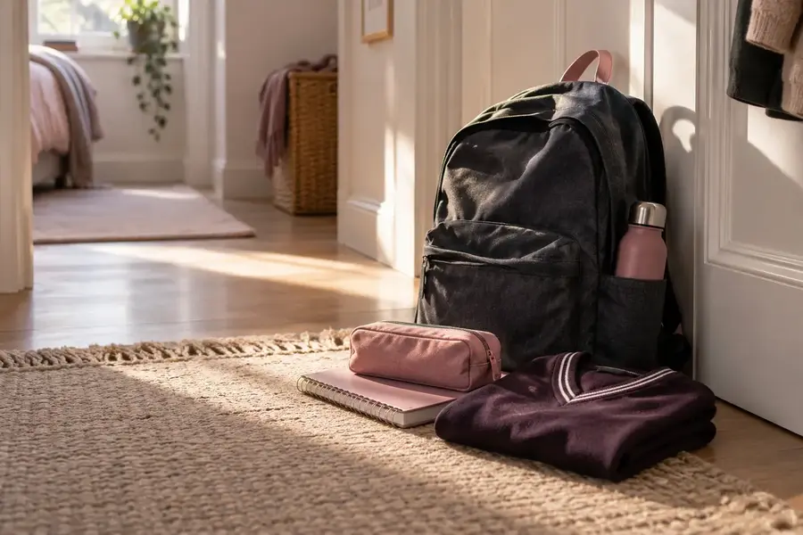 A school bag packed and ready for a new term