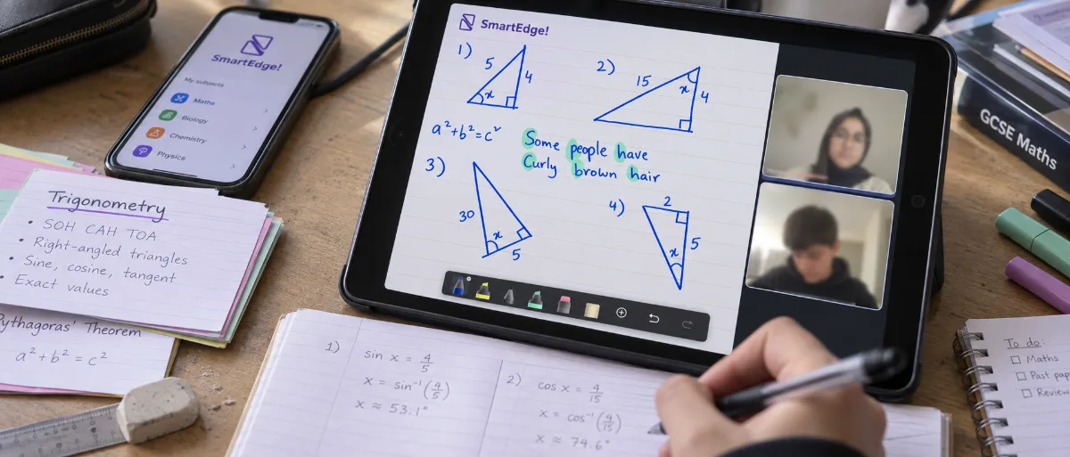 The genuine SmartEdge app alongside real handwritten Maths and past-paper practice